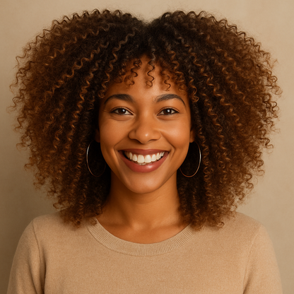 Metisse portant Perruque chatain afro en cheveux synthétiques, parfaite pour un volume maximal et un look audacieux ,  idéale pour un style moderne et facile à entretenir.