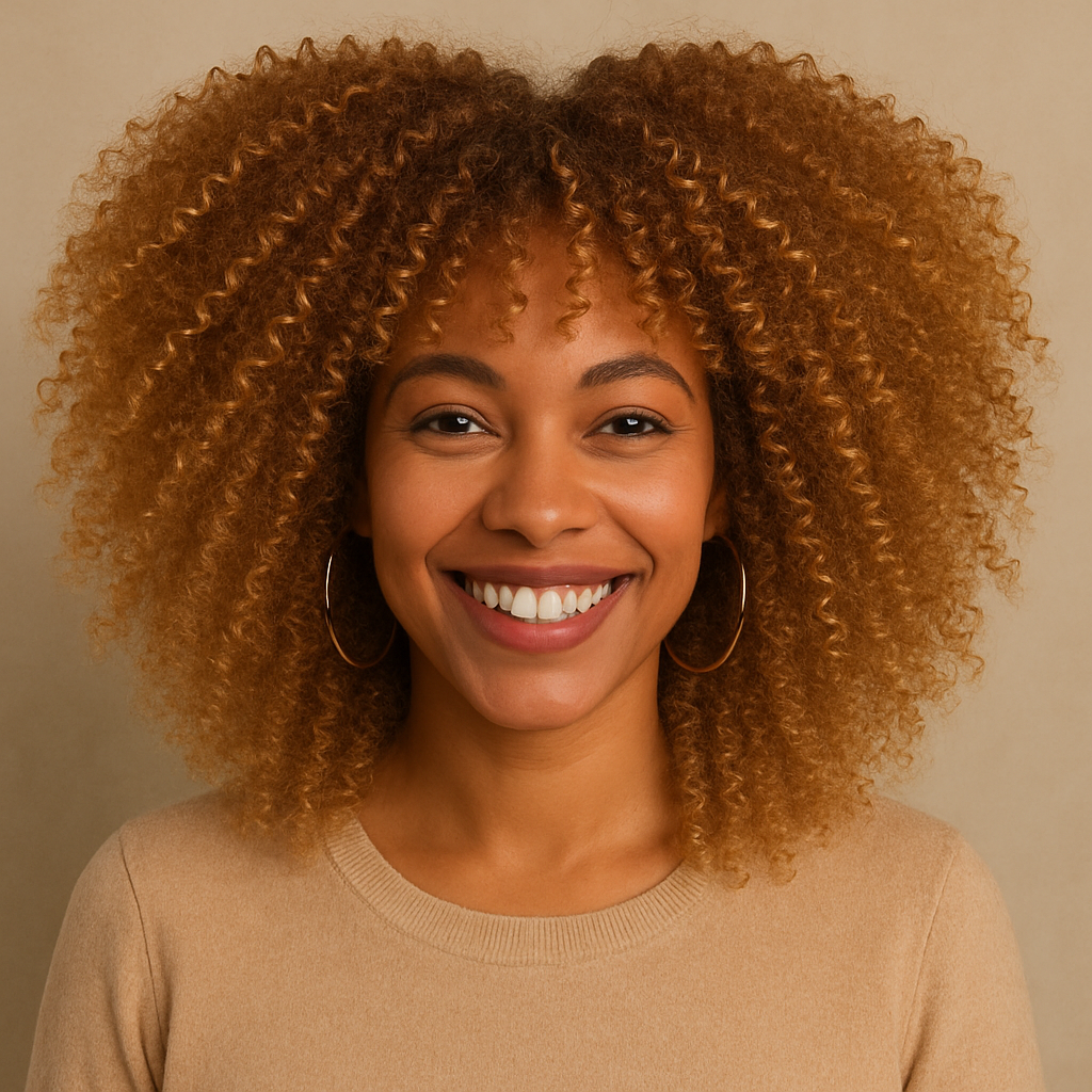 Femme portant Perruque blonde afro en cheveux synthétiques, parfaite pour un volume maximal et un look audacieux ,  idéale pour un style moderne et facile à entretenir.
