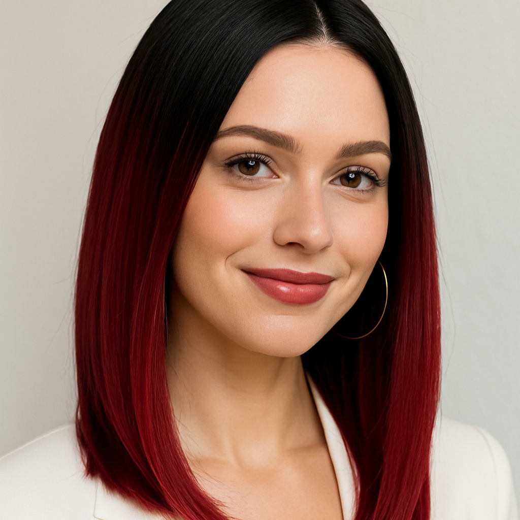 Belle femme blanche souriante portant perruque plongeante lisse au carré de 40 cm rouge. 