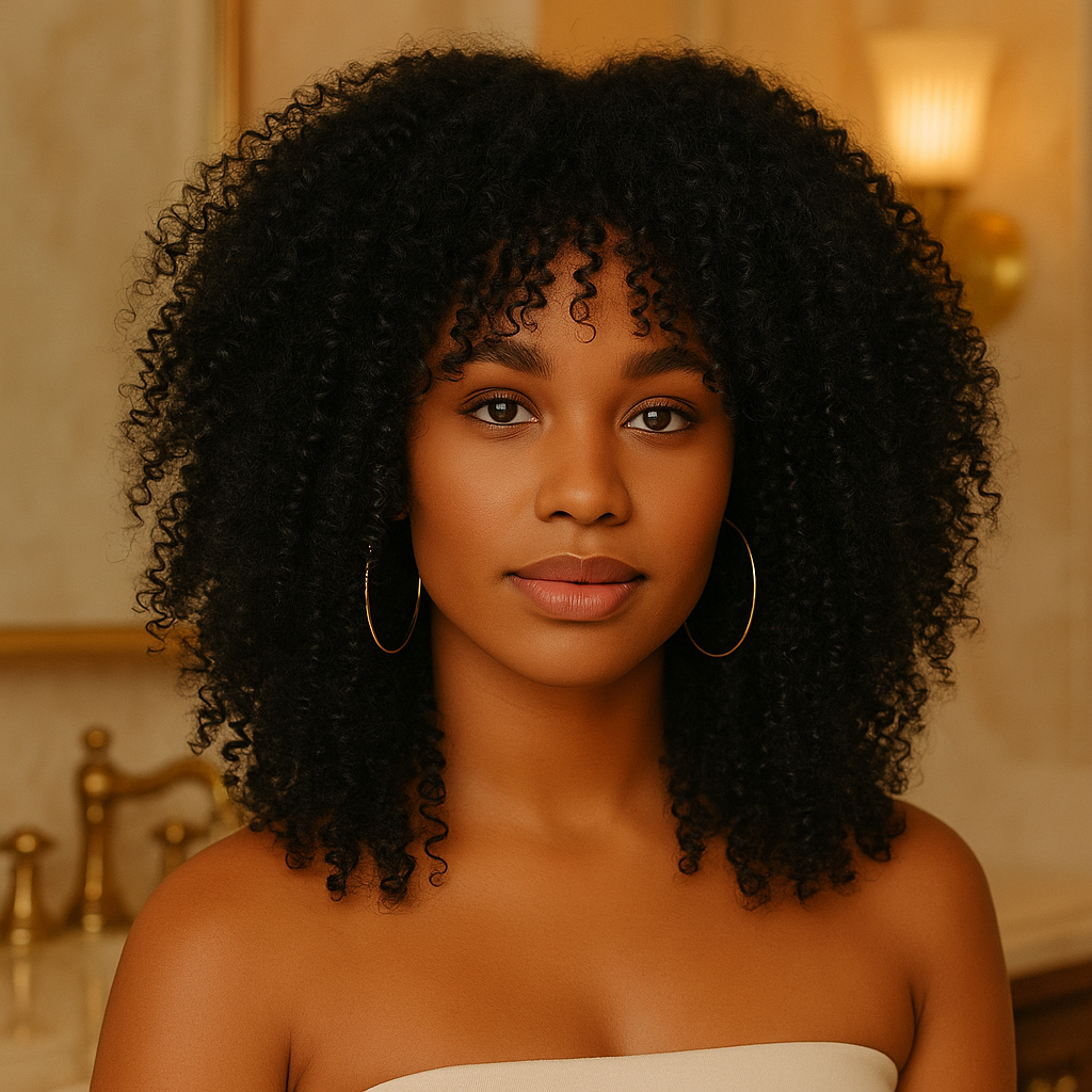 Belle metisse porte perruque afro brune en cheveux synthétiques,  pour un volume maximal .