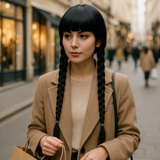 Femme fait du shopping en portant Perruque noire avec frange droite et deux longues tresses.
