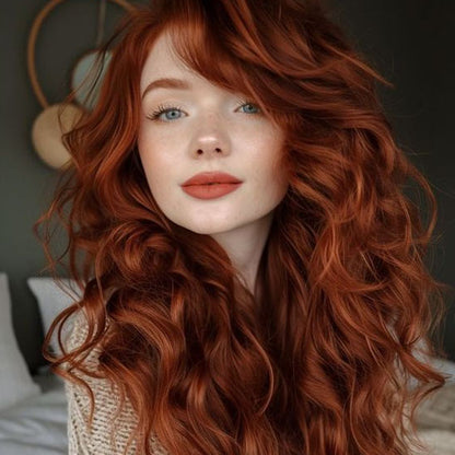 Femme avec perruque longue et naturelle bouclée, en fibre synthétique, offrant un look élégant et réaliste