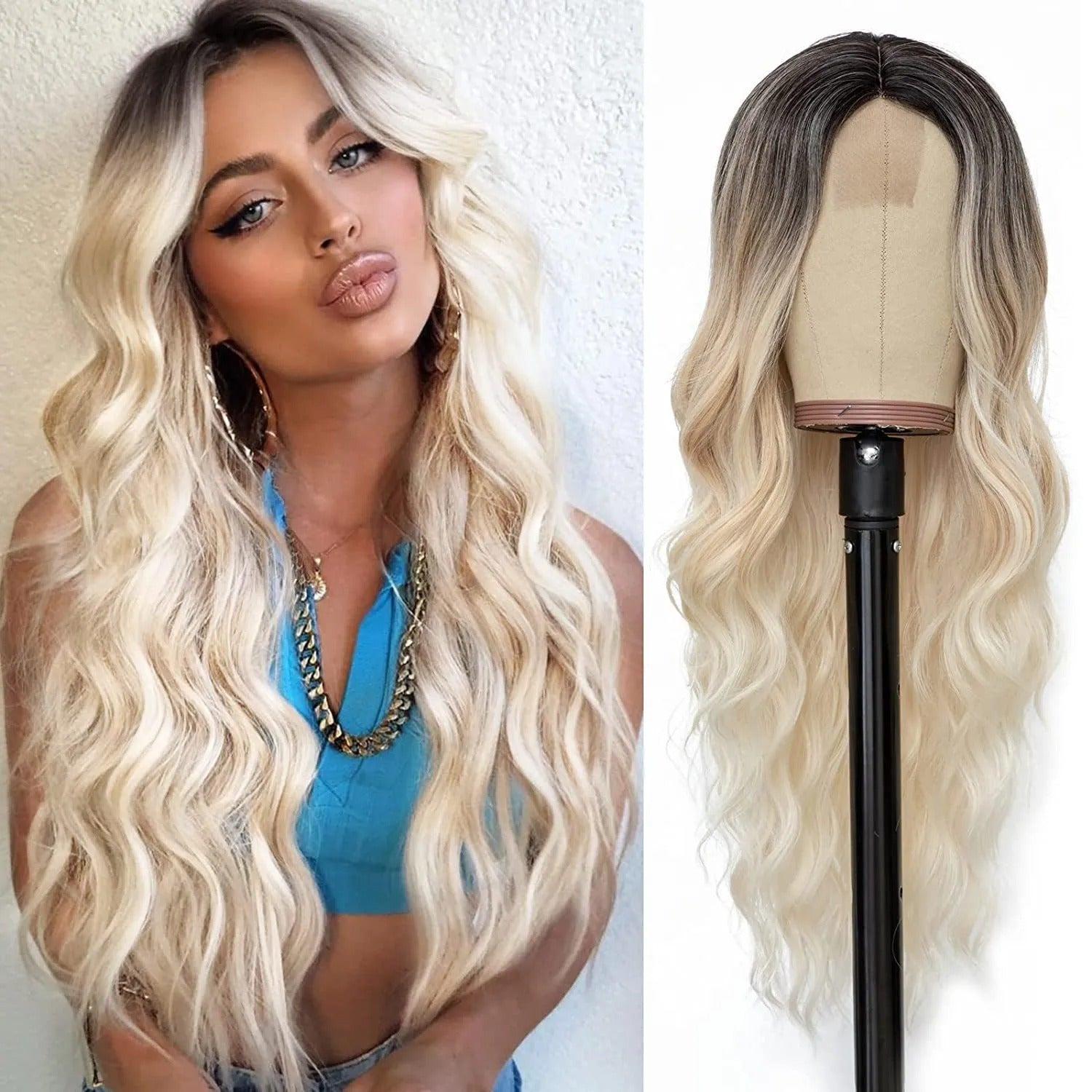 Perruque femme style long cheveux- Perruque-femme-longue-synthétique-look-naturel-coiffure-élegante-et-volumineuse-facile-d-entretien-style-glamour-et-tendance-pour-tous-types-d-occasions- Blonde
