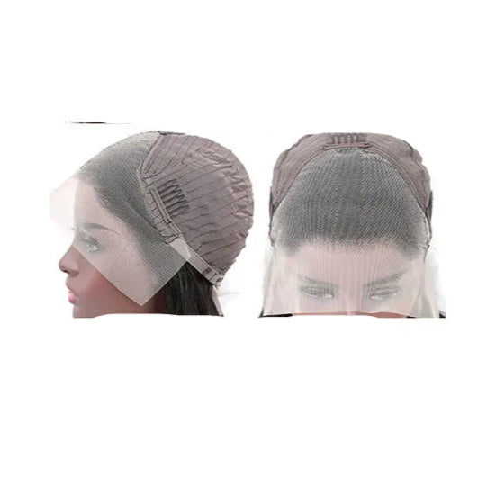 Vue de la dentelle de la perruque femme en cheveux humains châtain avec balayage doré, offrant une coupe naturelle de 36 cm et 30 cm de longueur, idéale pour un look élégant et lumineux.