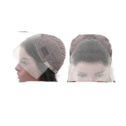 Vue de la dentelle de la perruque femme en cheveux humains châtain avec balayage doré, offrant une coupe naturelle de 36 cm et 30 cm de longueur, idéale pour un look élégant et lumineux.