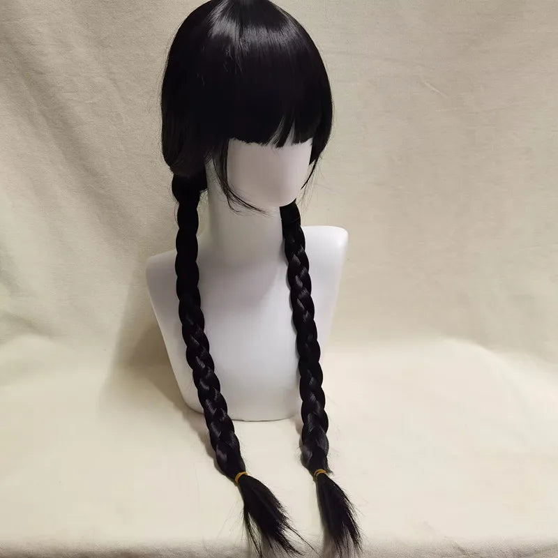 Perruque tressée avec frange, style gothique chic - Perruque noire à tresses avec frange, inspiration vintage mystique