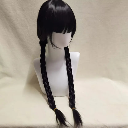 Perruque tressée avec frange, style gothique chic - Perruque noire à tresses avec frange, inspiration vintage mystique