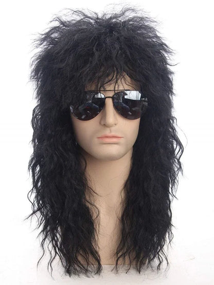 Perruque noire de style rockstar avec cheveux longs et ébouriffés