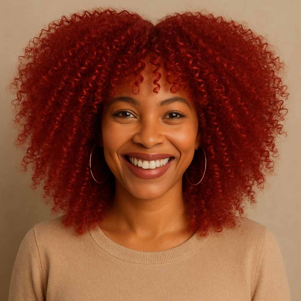 Perruque rouge irisé afro en cheveux synthétiques, parfaite pour un volume maximal et un look audacieux ,  idéale pour un style moderne et facile à entretenir.