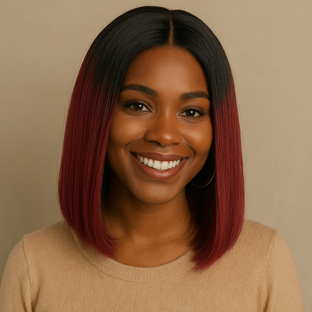 Belle Metisse souriante portant perruque lisse raide rouge tendance