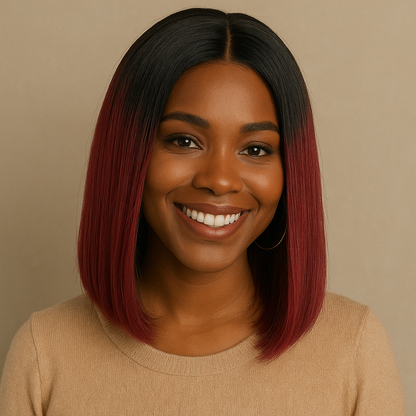 Belle Metisse souriante portant perruque lisse raide rouge tendance