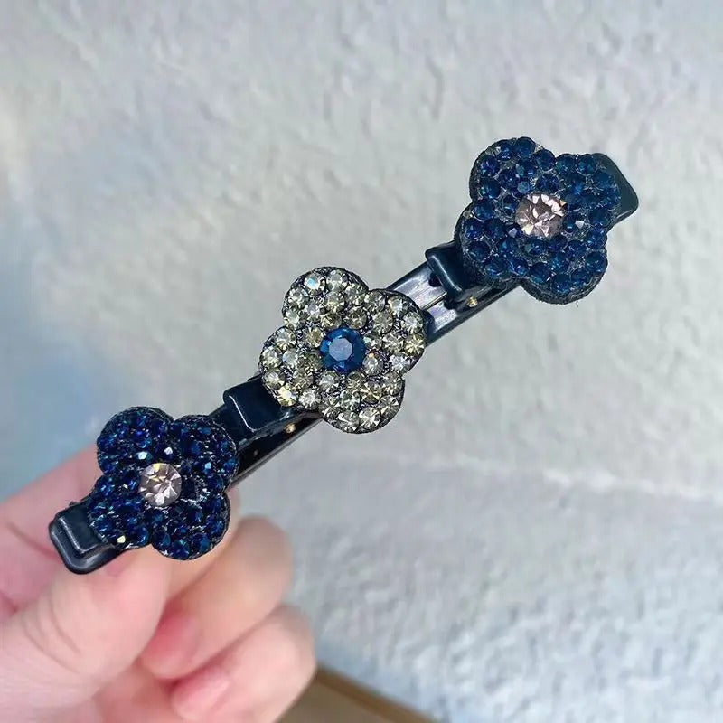 Pince à cheveux  a  strass bleu de mariage en métal doré, parfaite pour fixer un chignon ou une coiffure de cérémonie.