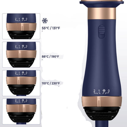 Appareil 4 en 1 bleu,  combine les fonctions de sèche-cheveux, lisseur, peigne chauffant, fer à friser et brosse soufflante. 