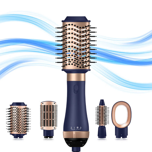 Appareil 4 en 1 bleu,  conçu pour simplifier votre routine beauté. Combine les fonctions de sèche-cheveux, lisseur, peigne chauffant, fer à friser et brosse soufflante. 