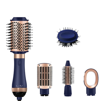 Appareil 4 en 1 bleu avec ses accessoires,   conçus pour simplifier votre routine beauté. Combine les fonctions de sèche-cheveux, lisseur, peigne chauffant, fer à friser et brosse soufflante. 