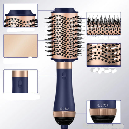Appareil 4 en 1 bleu avec accessoires,  conçu pour simplifier votre routine beauté. Combine les fonctions de sèche-cheveux, lisseur, peigne chauffant, fer à friser et brosse soufflante. 