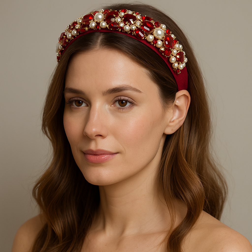 femme portant serre-tête rouge au style rétro, orné de perles décoratives pour une touche élégante et vintage.