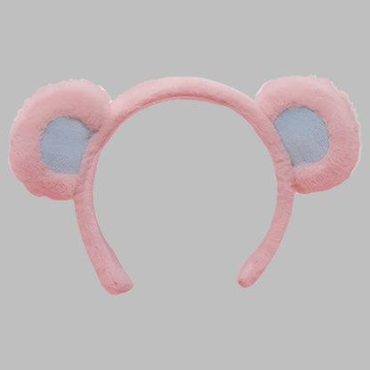 Serre-tête en peluche rose et gris avec des oreilles d’ourson arrondies, idéal pour un déguisement ou un accessoire mignon