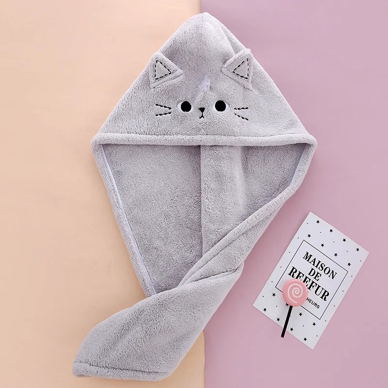 Serviette de bain doux pour cheveux avec motif de chat, parfait pour sécher les cheveux après la douche ou la piscine.