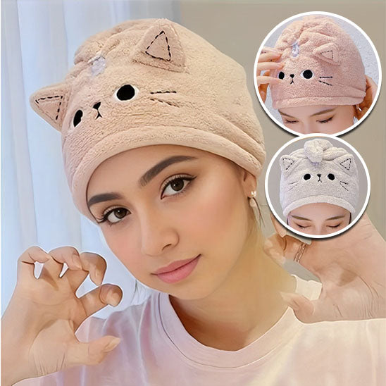 Serviette de bain doux pour cheveux avec motif de chat beige, parfait pour sécher les cheveux après la douche ou la piscine.