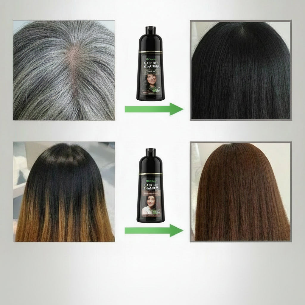 Avant et après l'utilisation du shampooing colorant pour cheveux, couvrant cheveux gris et éclaircis
