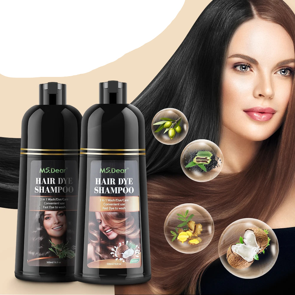 Shampoo colorant pour cheveux noirs rapides naturel MS.Dear, flacons noirs et femme aux longs cheveux lisses