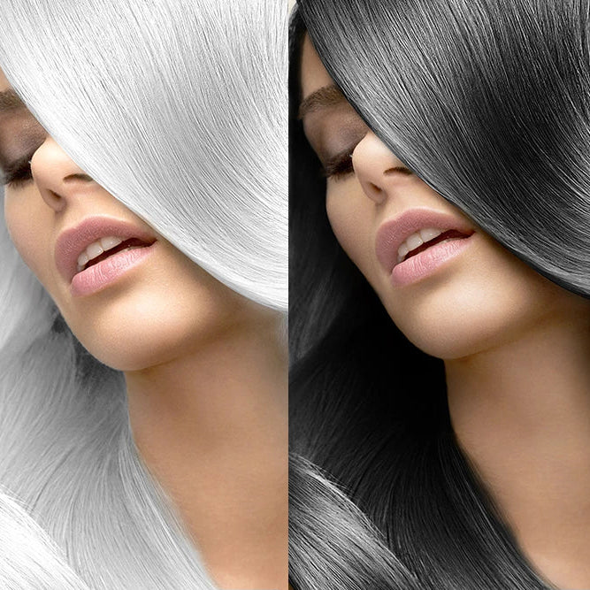 Comparaison avant-après coloration cheveux femme, blanc argenté à noir brillant, maquillage naturel