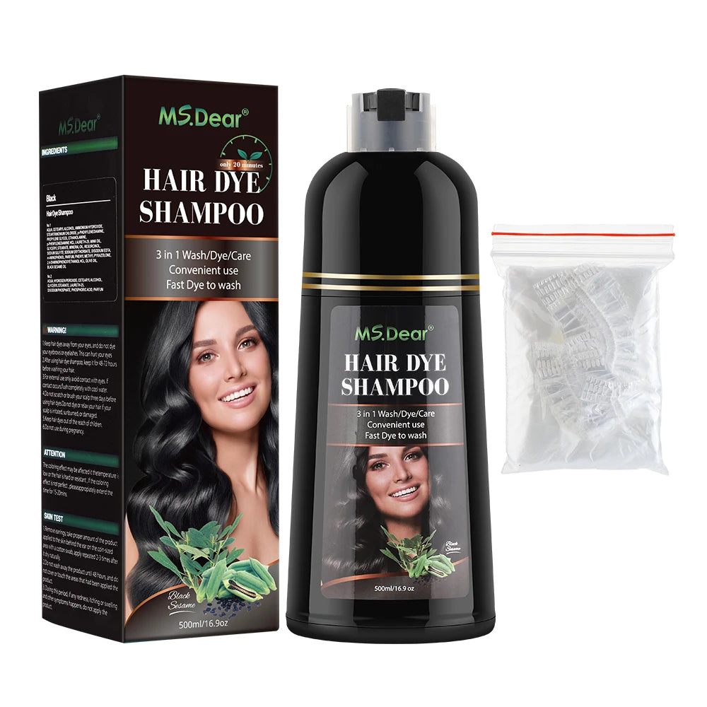Shampoing colorant cheveux noir MS.Dear 3 en 1 avec boîte et accessoires, soin rapide et pratique