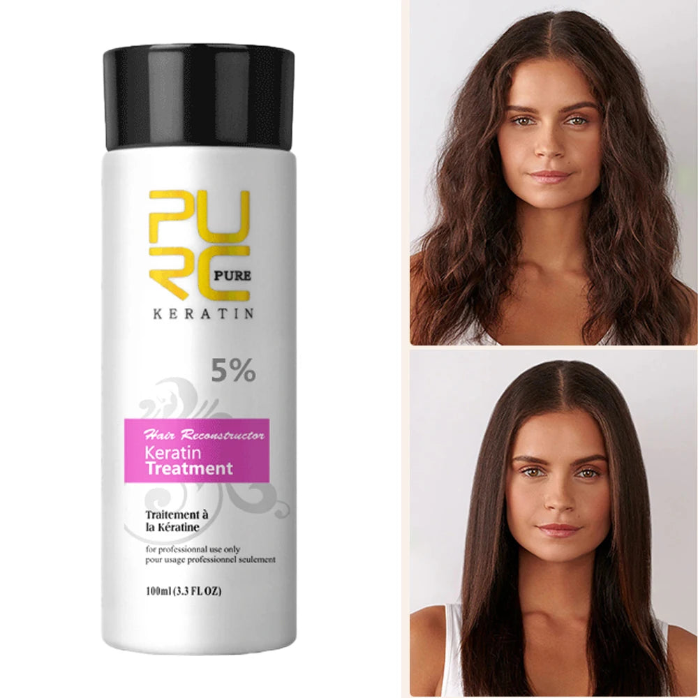 Flacon de traitement à la kératine Pure Keratin 5% avec avant-après cheveux bouclés et lisses