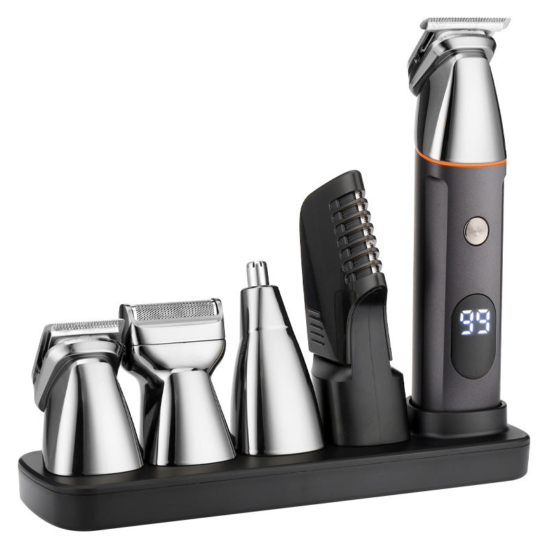 Tondeuse électrique multifonction 5 en 1 pour homme avec écran LCD et têtes interchangeables argenté, Tête de coupe nez/oreilles pour tondeuse  en acier inoxydable