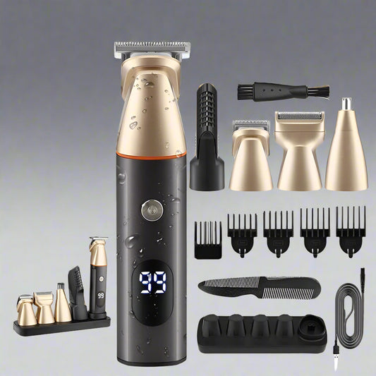 Vue du coffret complet avec tondeuse, têtes de rasage, brosse et câble USB