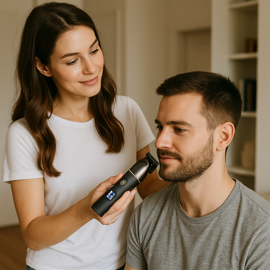 Femme coupant les cheveux à son conjoint dans un intérieur avec Tondeuse électrique multifonction 5 en 1 pour homme avec écran LCD et têtes interchangeables