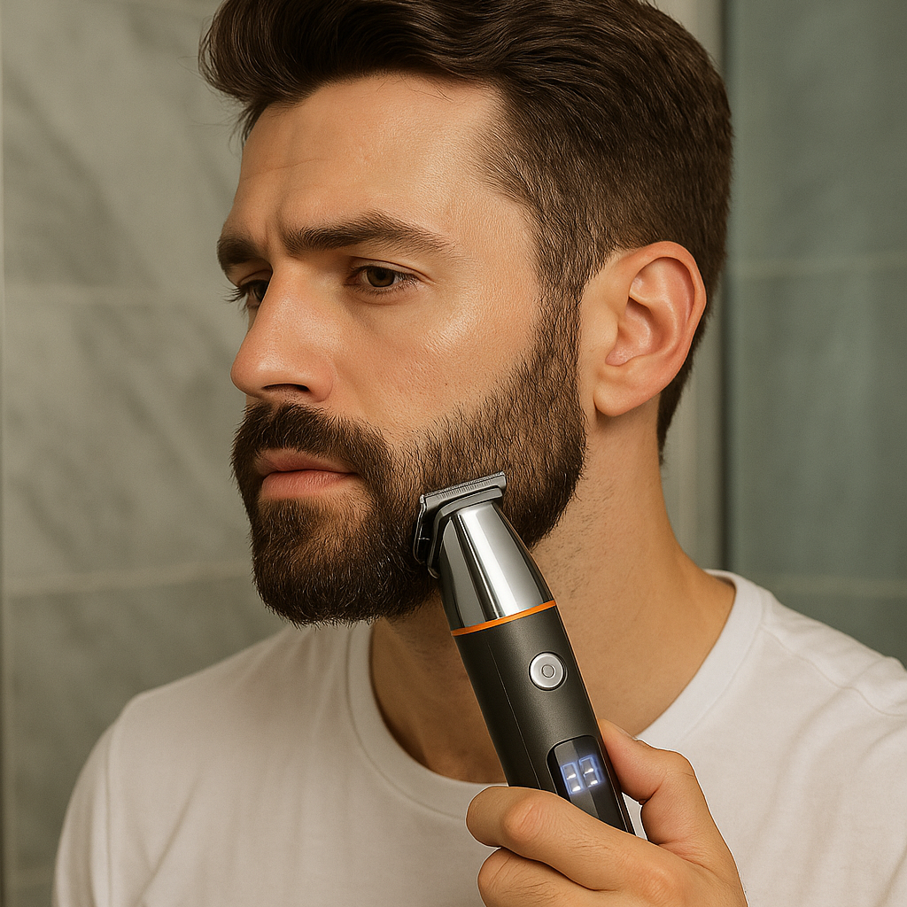 Homme se rasant la barbe avec une tondeuse étanche USB dans une salle de bain moderne