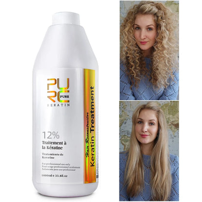 Produit traitement à la kératine 12% avec avant-après cheveux bouclés transformés en lisses