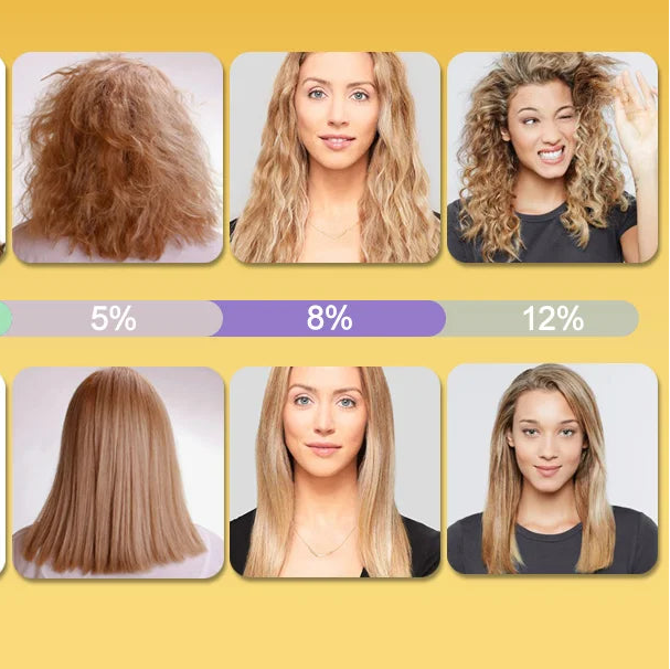 Comparaison avant-après de cheveux avec divers taux d'humidité, montrant texture bouclée, lisse et frisottis