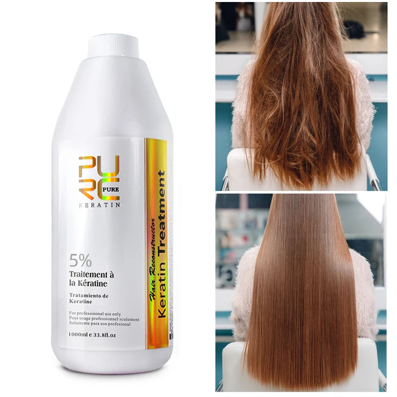 Produit de traitement à la kératine 5% avec photos avant et après d'une chevelure abîmée devenue lisse et brillante