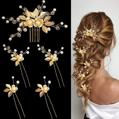 Femme mariée coiffée Épingles à cheveux avec perles et dorure, parfaites pour un maintien élégant et une touche glamour.