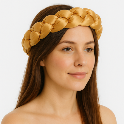 Femme portant un bandeau tressé en satin doré, élégant et confortable, parfait pour le sauna ou les soins du visage.