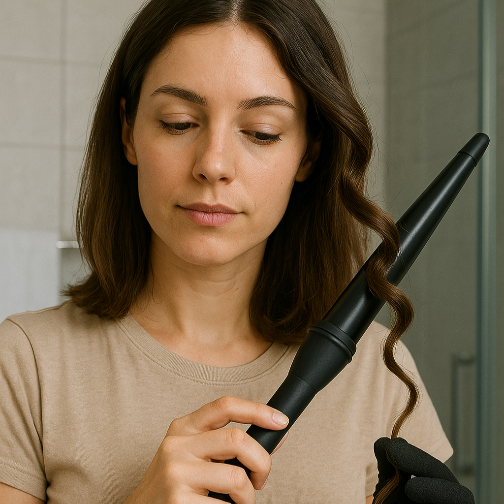 Femme  chatain utilisant le Boucleur conique professionnel noir  tenu à la main, conçu pour créer des boucles