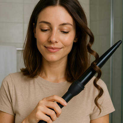 Femme brune utilisant le Boucleur conique professionnel noir  tenu à la main, conçu pour créer des boucles