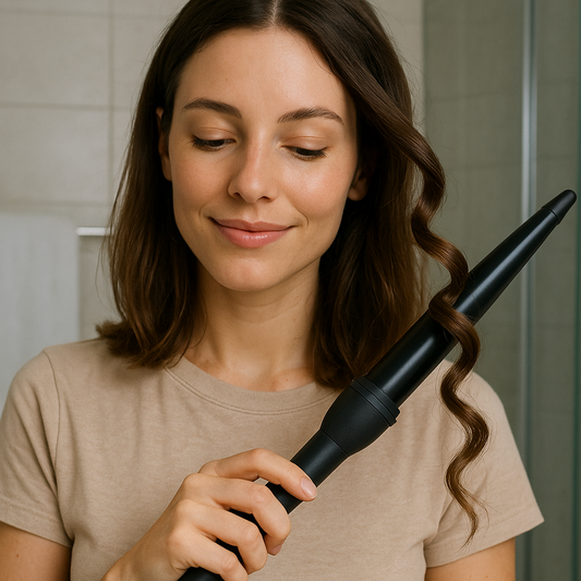 Femme brune utilisant le Boucleur conique professionnel noir  tenu à la main, conçu pour créer des boucles