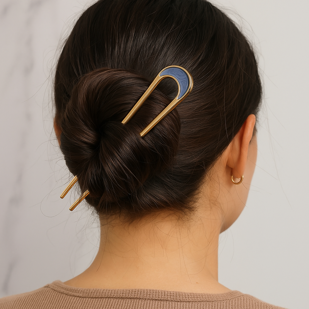 Femme de dos avec chignon et epingle métal bleu et or
