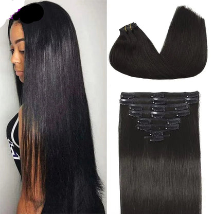 Femme avec extension de cheveux humains à clip brune – Ajoutez du volume et de la longueur à vos cheveux avec des extensions naturelles de haute qualité. Faciles à poser, ces extensions de cheveux bruns s'adaptent parfaitement à votre coiffure pour un résultat instantané et élégant. Idéales pour un look naturel et sans effort, elles offrent un confort optimal et une tenue longue durée.
