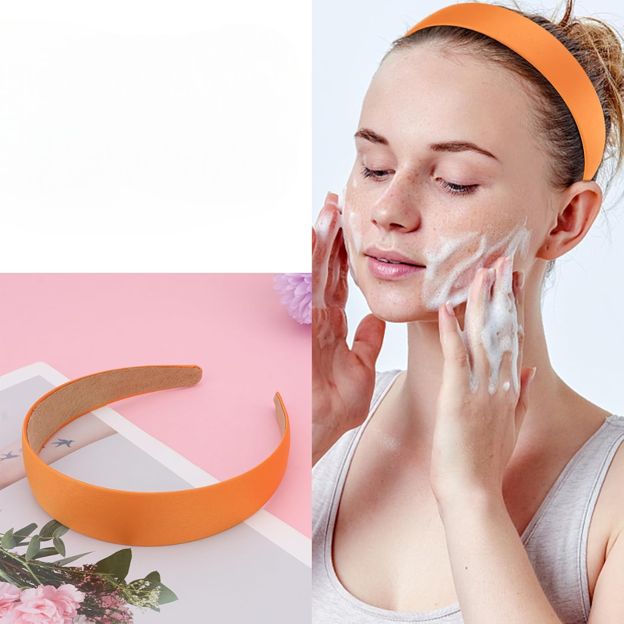 femme  portant serre-tête orange, offrant un maintien léger et sécurisé, idéal pour une coiffure, pour compléter vos tenues tout en offrant une fixation pratique. 