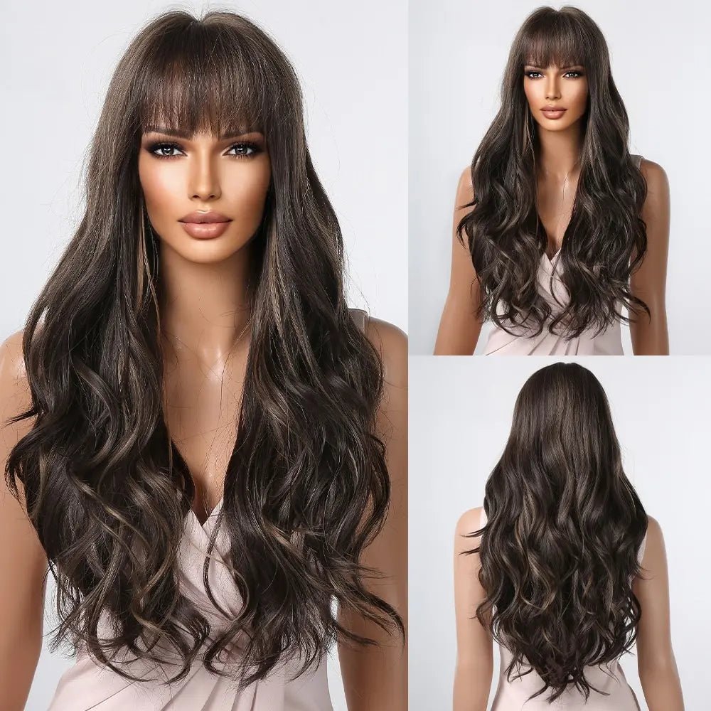 Perruque femme - Longue- Bouclée-Frange - Cheveu Soyeux