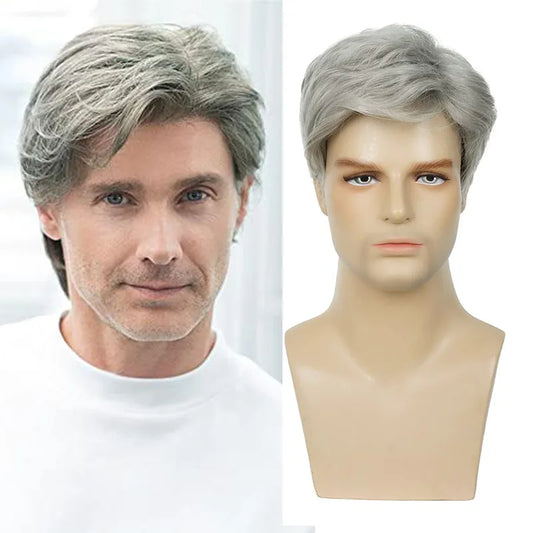 Perruque masculine à cheveux gris, coupe courte et élégante