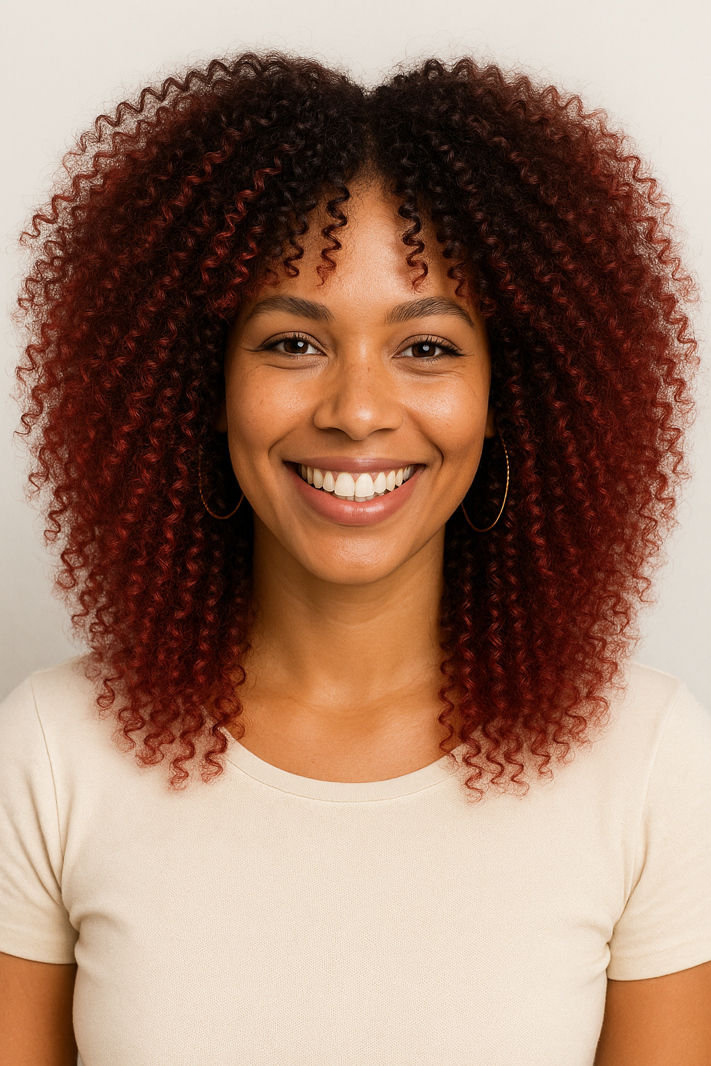 Femme metissse portant Perruque afro rouge et brune  en cheveux synthétiques, parfaite pour un volume maximal et un look audacieux ,  idéale pour un style moderne et facile à entretenir.