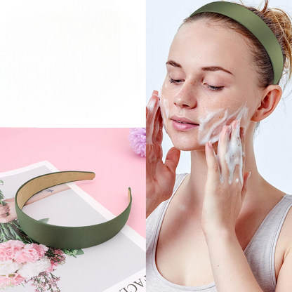 Femme avec serre-tête vert en satin - femme avec serre tête appliquant un soin- maintien des cheveux avec serre tête vert