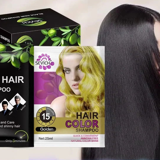 Shampoings Sevich colorants pour cheveux en 5 teintes avec modèle aux cheveux longs et noirs brillants