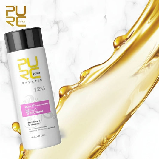 Flacon de traitement à la kératine 12% Pure Keratin sur fond blanc avec éclaboussure dorée